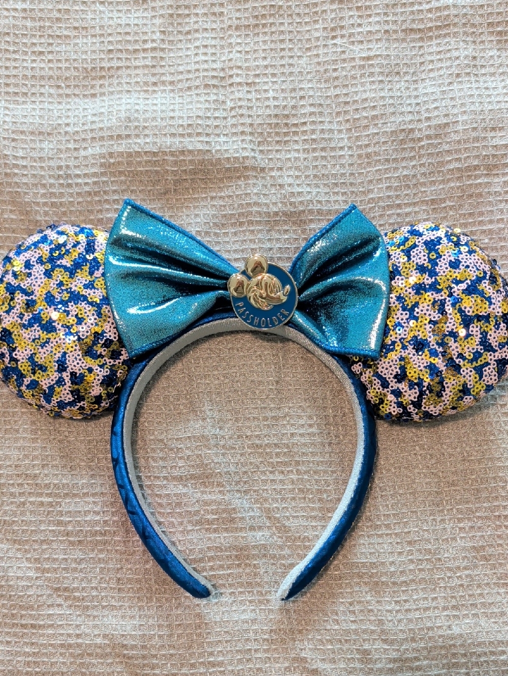 Disney Annual Passholder Teal Sequin Minnie Ear Headband with Metallic Bow